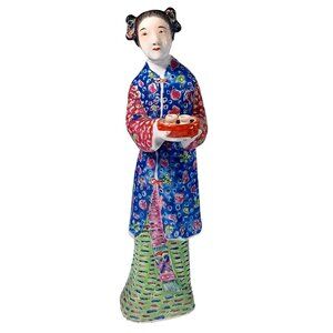 Qing Dynasty Famille Rose Millefleur Woman Serving Tea/Saki Figurine 7.5x2.5x2.2